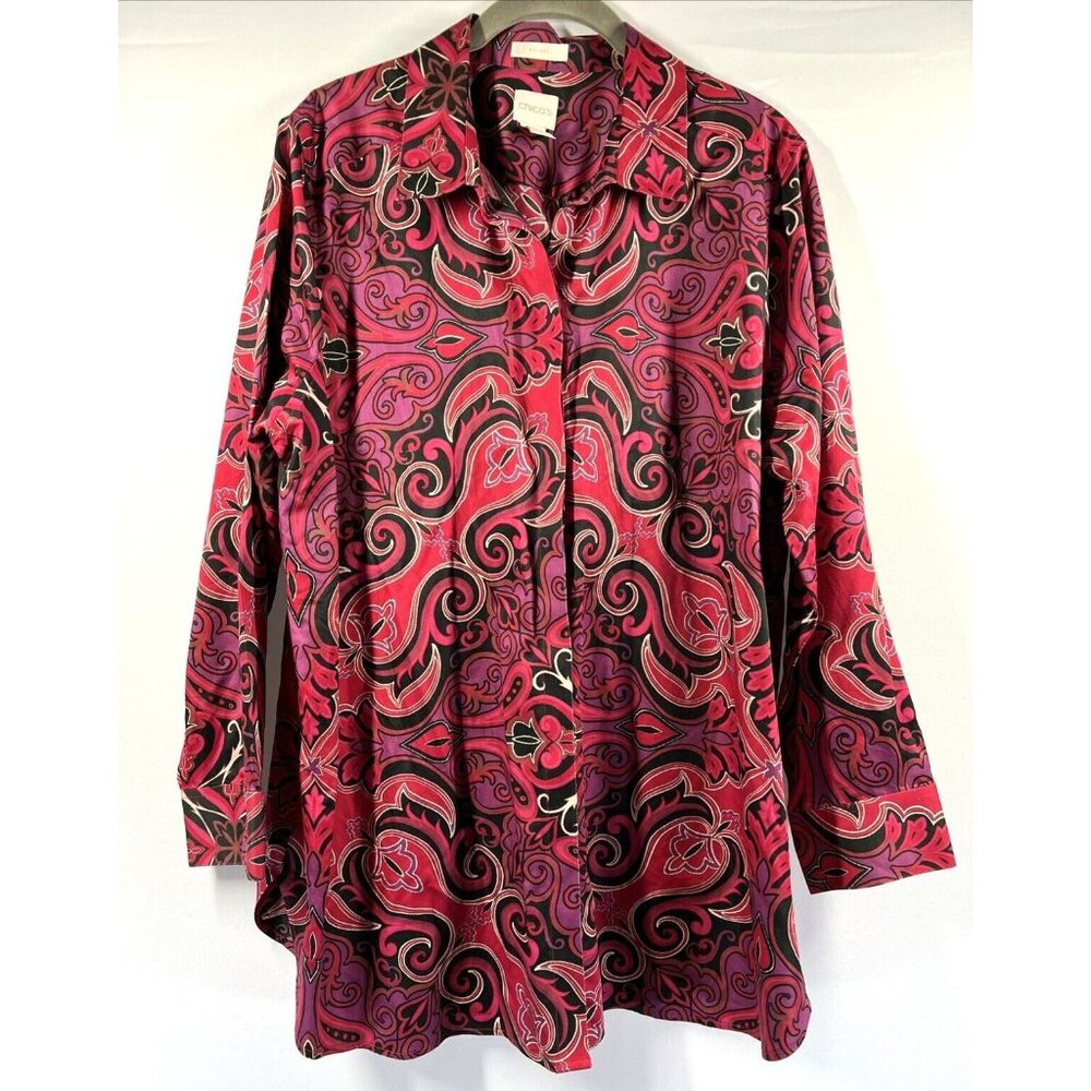 Chicos Blouse Top Size XL Petite Purple Pink Paisley Button Up 3/4 Sleeve Cotton